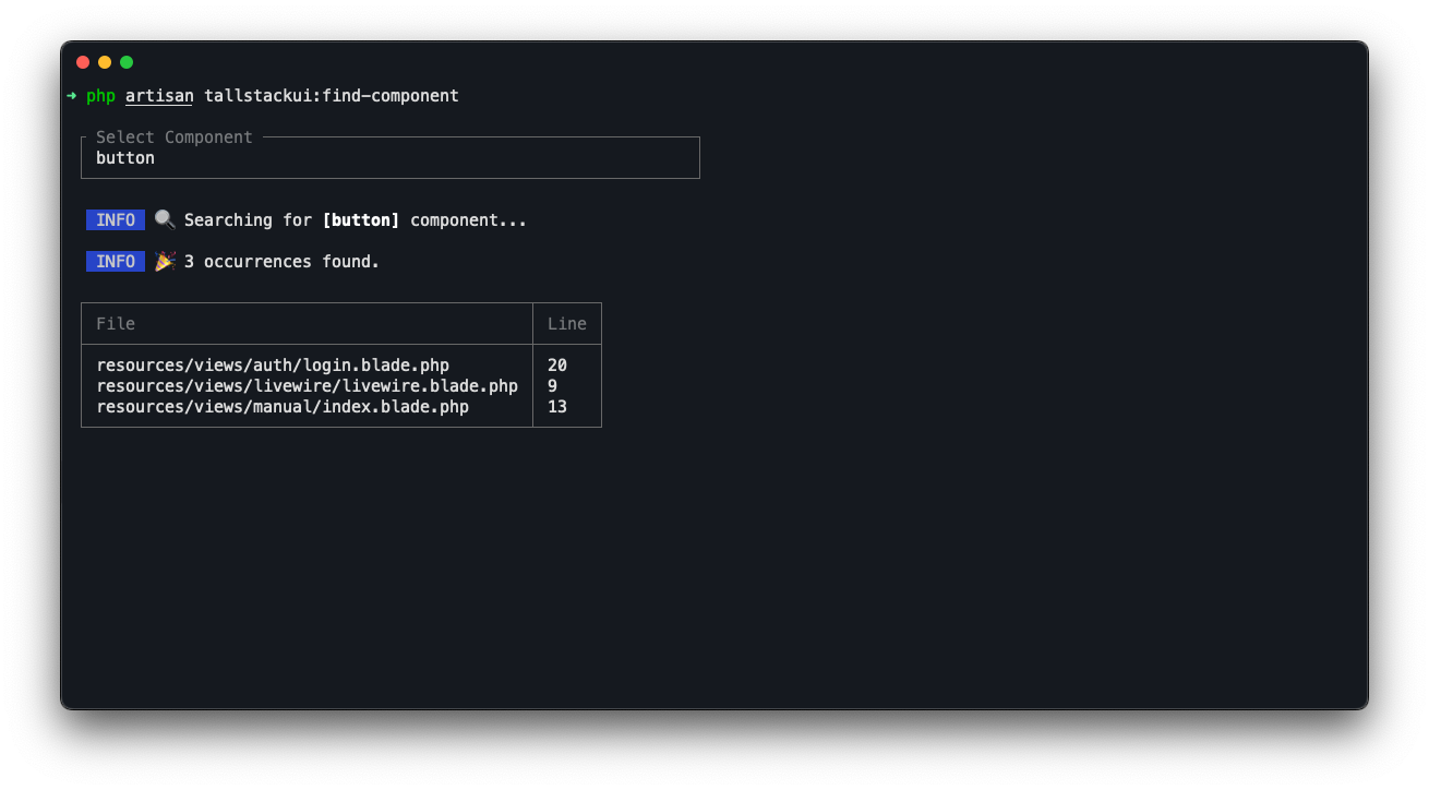 Find Component Command Output